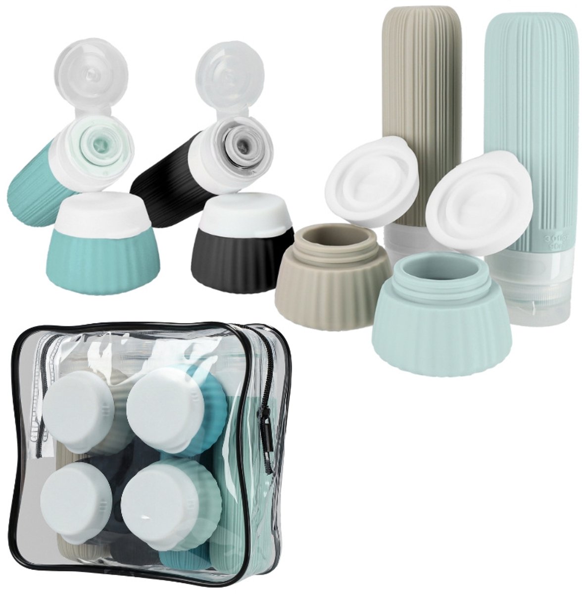 ACTIV SPACE B02 - Reisset van Siliconen Flesjes - 90ml Flesjes - 40ml Pojemniki - Transparante Kosmetyczka