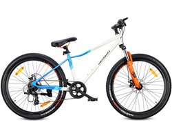 VERDANT CALIX Mountainbike 26", MTB-fiets voor dames en heren, fiets 6 inch - vering, schijfremmen, 7 versnellingen - Wit-Blauw-Oranje