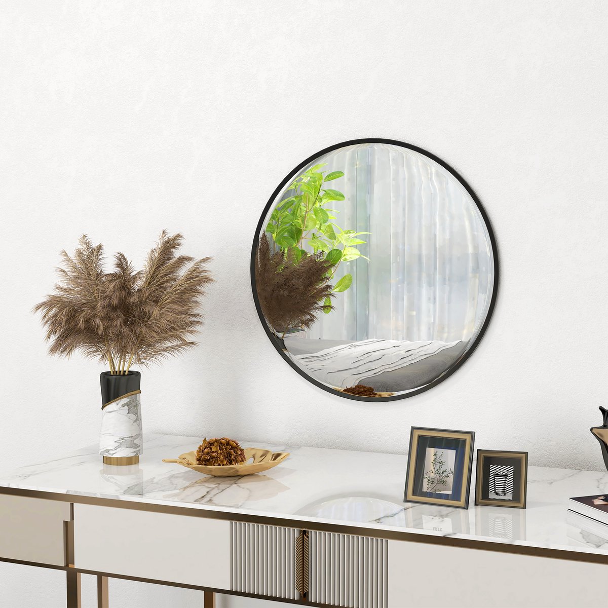 REDOM - Wandspiegel - Rond - Met Aluminium Frame - Modern - Voor Badkamer En Woonkamer - Zwart - Ø 61 Cm
