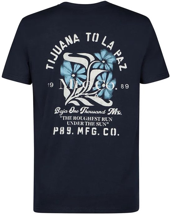 Donkerblauw T-shirt met grafische print op de rug met bloemen en tekst "Tijuana To La Paz", "Baja One Thousand Mx.", "The Roughest Run Under The Sun", "P89. MFG. CO."