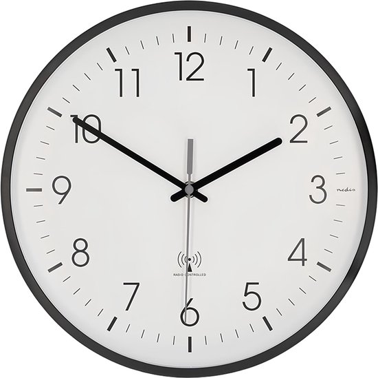 Nedis Wandklok - Diameter 30 cm - Radiogestuurde - Stille beweging - Wit / Zwart