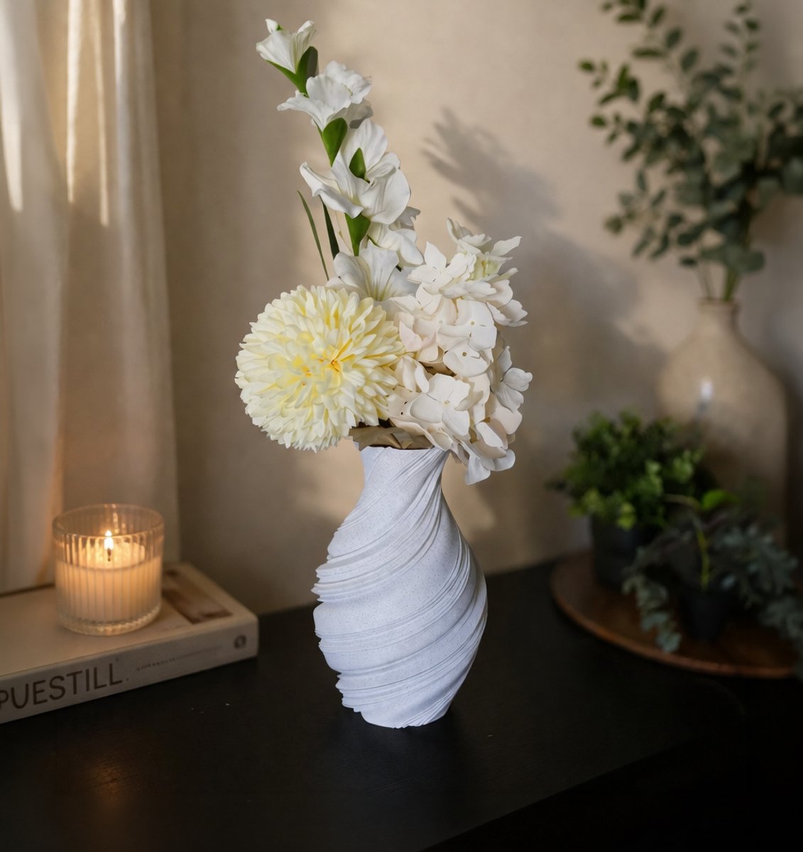 Lovora Flowy Japandi vaas - Decoratieve vaas - Donker Groen - 3d geprinte vaas – geschikt voor droogbloemen - 25CM