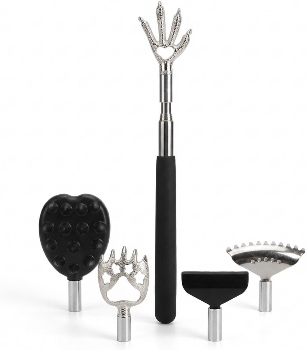 Uitschuifbare rugkrabber - Massage tool - Verlicht jeuk - 5 verwijderbare koppen - 17.8 cm