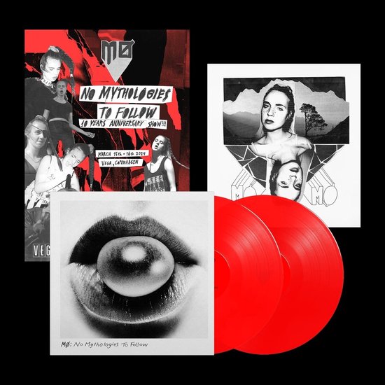 Collage van rode en zwarte posters met 'NO MYTHOLOGIES TO FOLLOW 10 YEARS ANNIVERSARY SHOW!!!! VEGA COPENHAGEN MARCH 15TH 16TH 2024'. Twee rode vinylplaten.