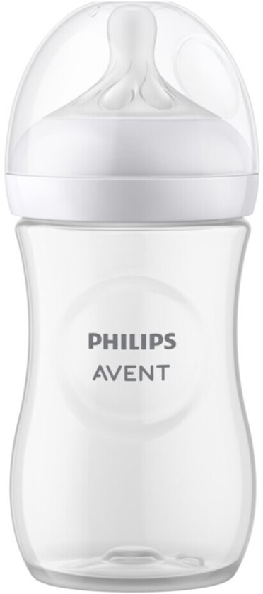 Een lege, doorzichtige Philips Avent babyfles met witte speen en dop.
