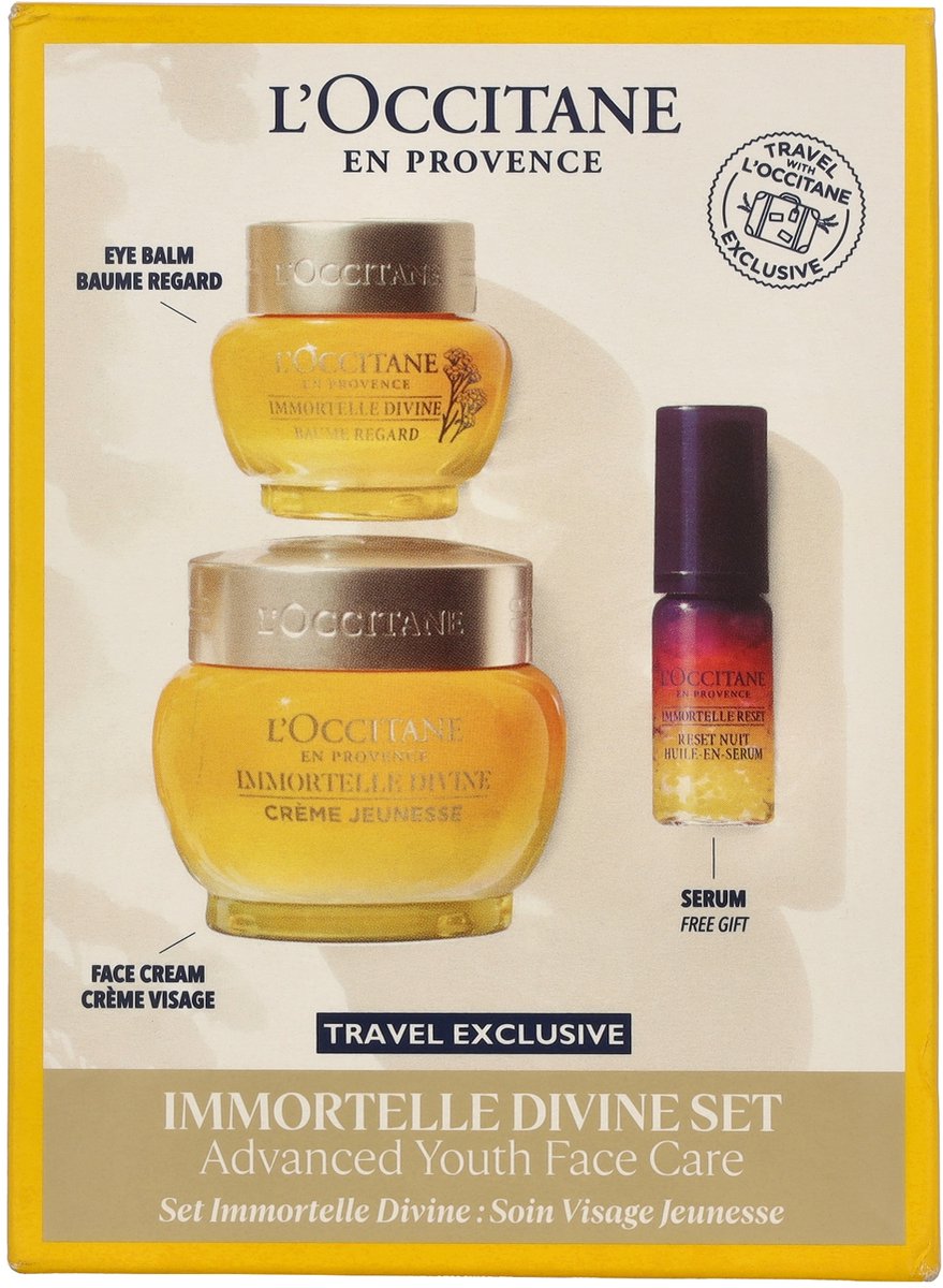 L'Occitane Immortelle Face Care Set 70 ml - Eye Balm 15ml/Divine Cream 50ml/Overnight Reset Oil 5ml
