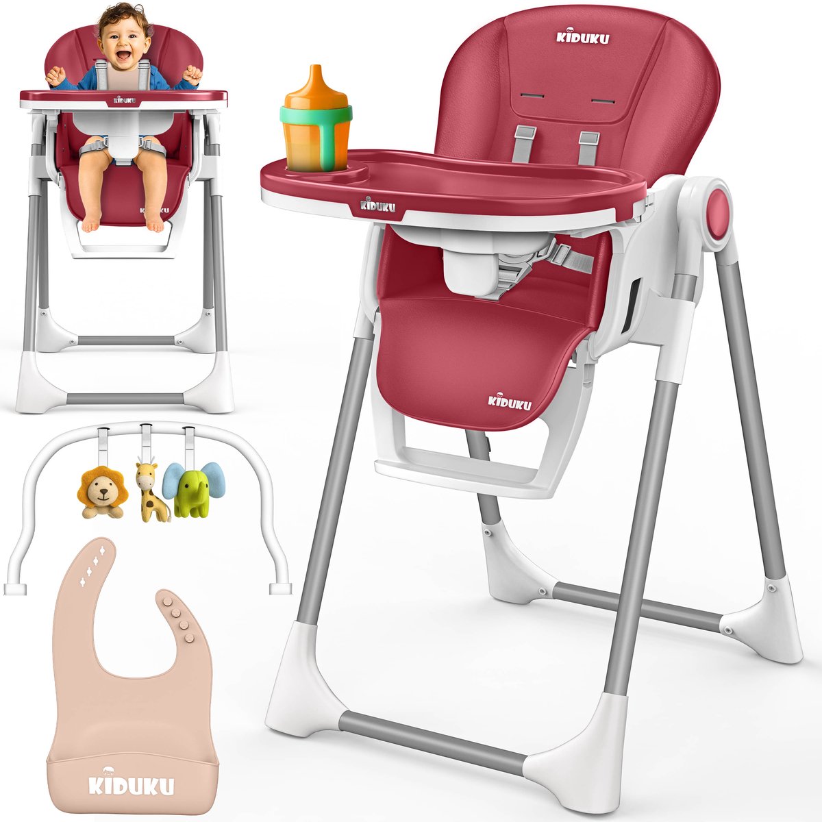 KIDUKU® Kinderstoel Baby 3-in-1 met Opzetstuk voor Pasgeborenen + Slabbetje | Opvouwbare Eetstoel met Speelboog | Verstelbare Evolutieve Kinderstoel met 7 Hoogteposities | 0-36 Maanden (Rood)