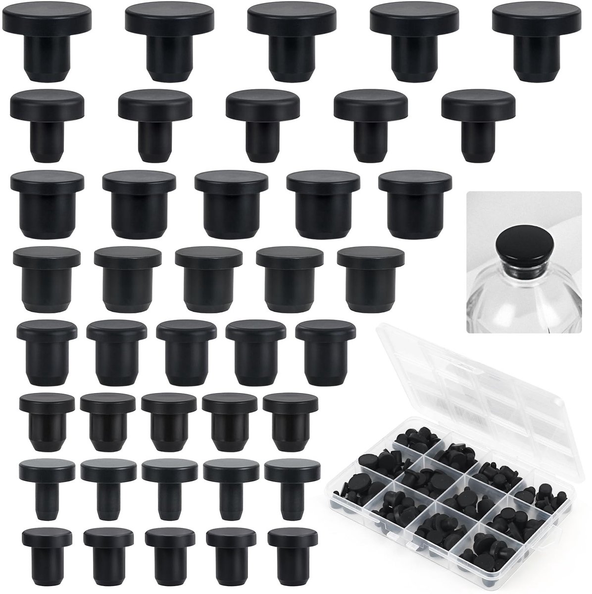 100 Stuks Rubber Stoppers Set, Siliconen O-ringen in 8 Maten, Herbruikbare Afsluitdopjes voor Buisjes, Flessen en Gaten, Zwart, veelzijdig en duurzaam