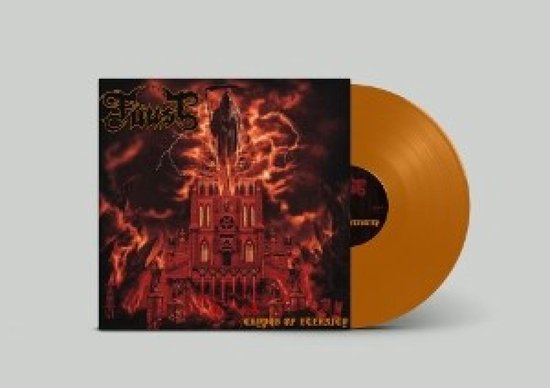 Albumcover 'Crypts of Eternity' met een oranje vinyl. De cover toont een duivelse kathedraal in vlammen.