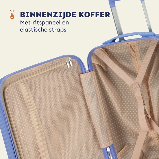 Binnenzijde lichtblauwe koffer met ritsvak, elastische straps en beige met stippen voering.