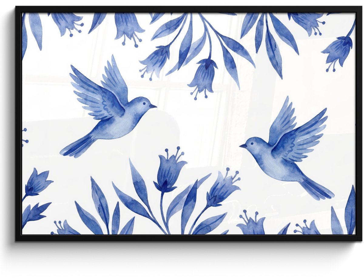 FrameYourWall Poster in lijst - Fotolijst 120x80 cm - Posters - Modern - Vogels - Delfts - Blauw - Posterlijst zwart - Decoratie - Wanddecoratie woonkamer - Muurdecoratie slaapkamer