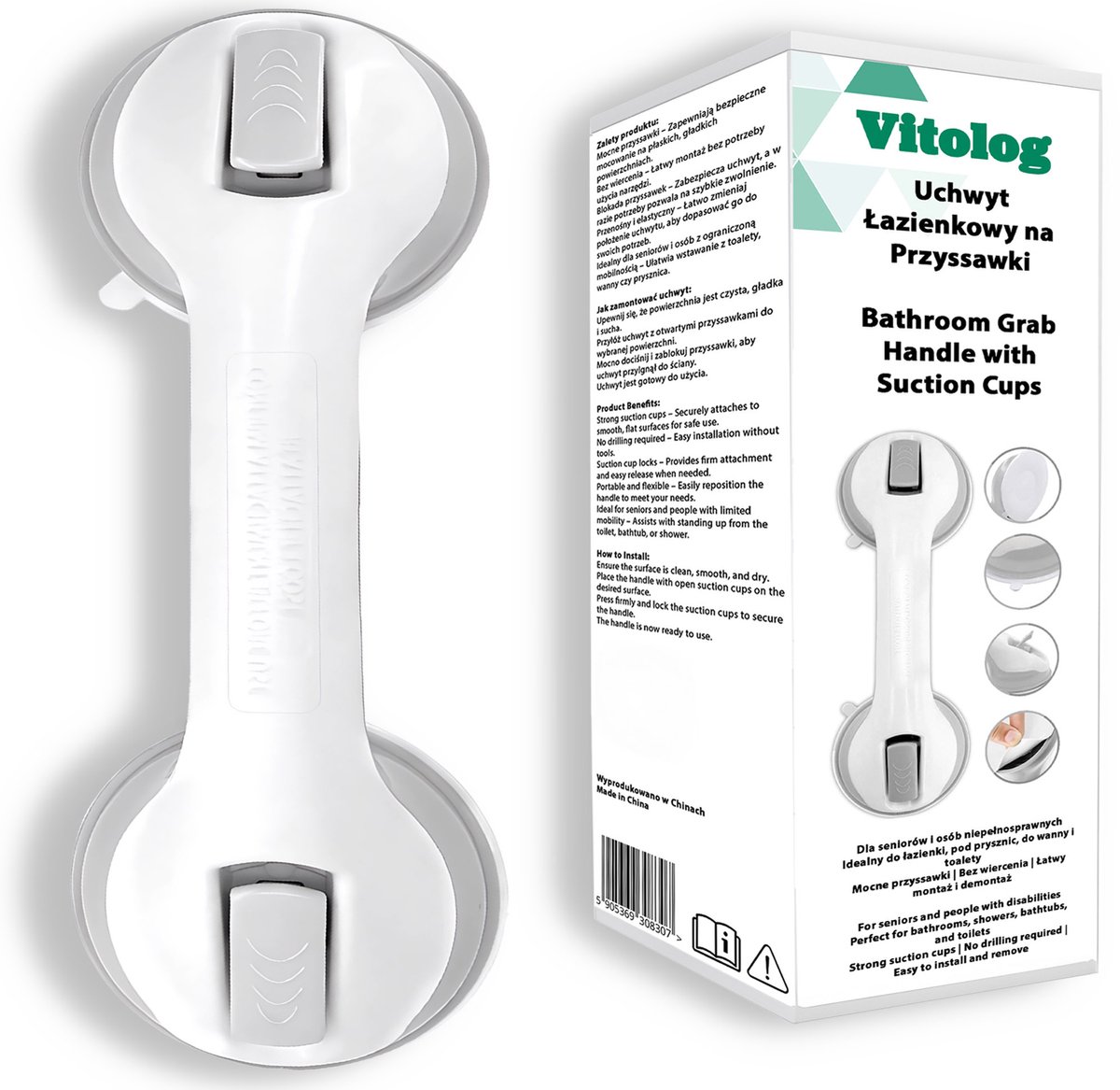 Badkamergreep met Zuignappen – 29 cm – Mobiele Wandbeugel voor Ouderen en Mindervaliden – Max. 100 kg – Zonder Boren – Wit/Grijs – Handgreep voor Douche, Bad en Toilet