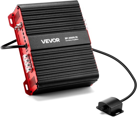 VEVOR BP-2000.1D auto mono versterker met rode zijkanten en zwarte ribbels, met afstandsbediening en kabel.