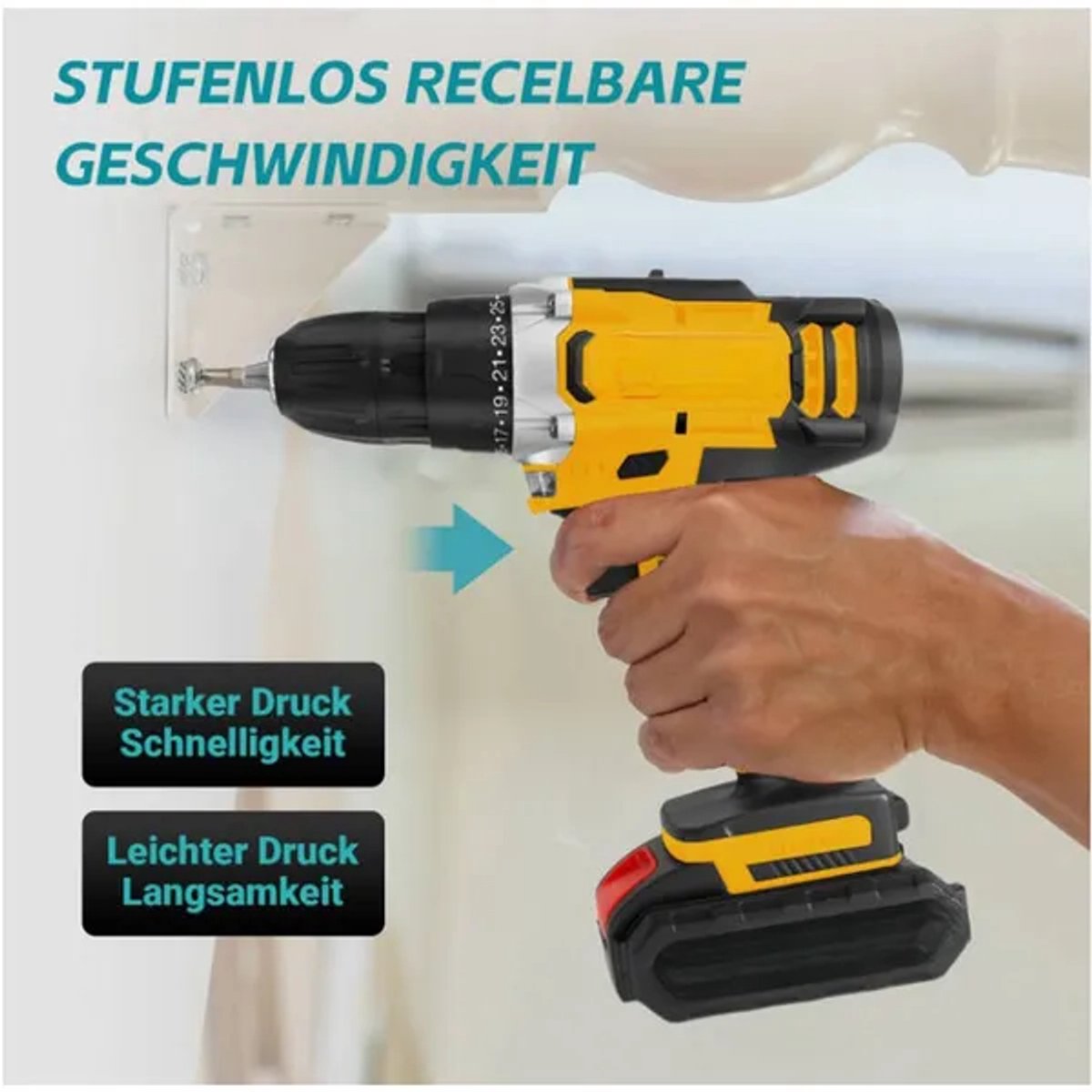 21V Accu Klopboormachine – Schroefboormachine – Boormachine Accu – Accu Schroevendraaier – 120Nm – Borstelloze Motor – 2 x 2.5Ah Lithium-Ion Accu’s – 2 Snelheden – 15 Standen – Incl. Accessoireset – Voor Hout, Steen en Metaal – foto 2