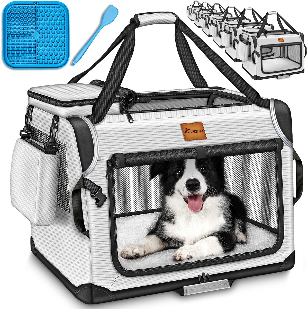 TRESKO® Opvouwbare hondenbox inclusief likmat en spatel, XL, 83 x 58 x 58 cm, transportbox voor honden en katten, hondentransportbox voor kleine en grote honden, hondentas, robuust, grijs