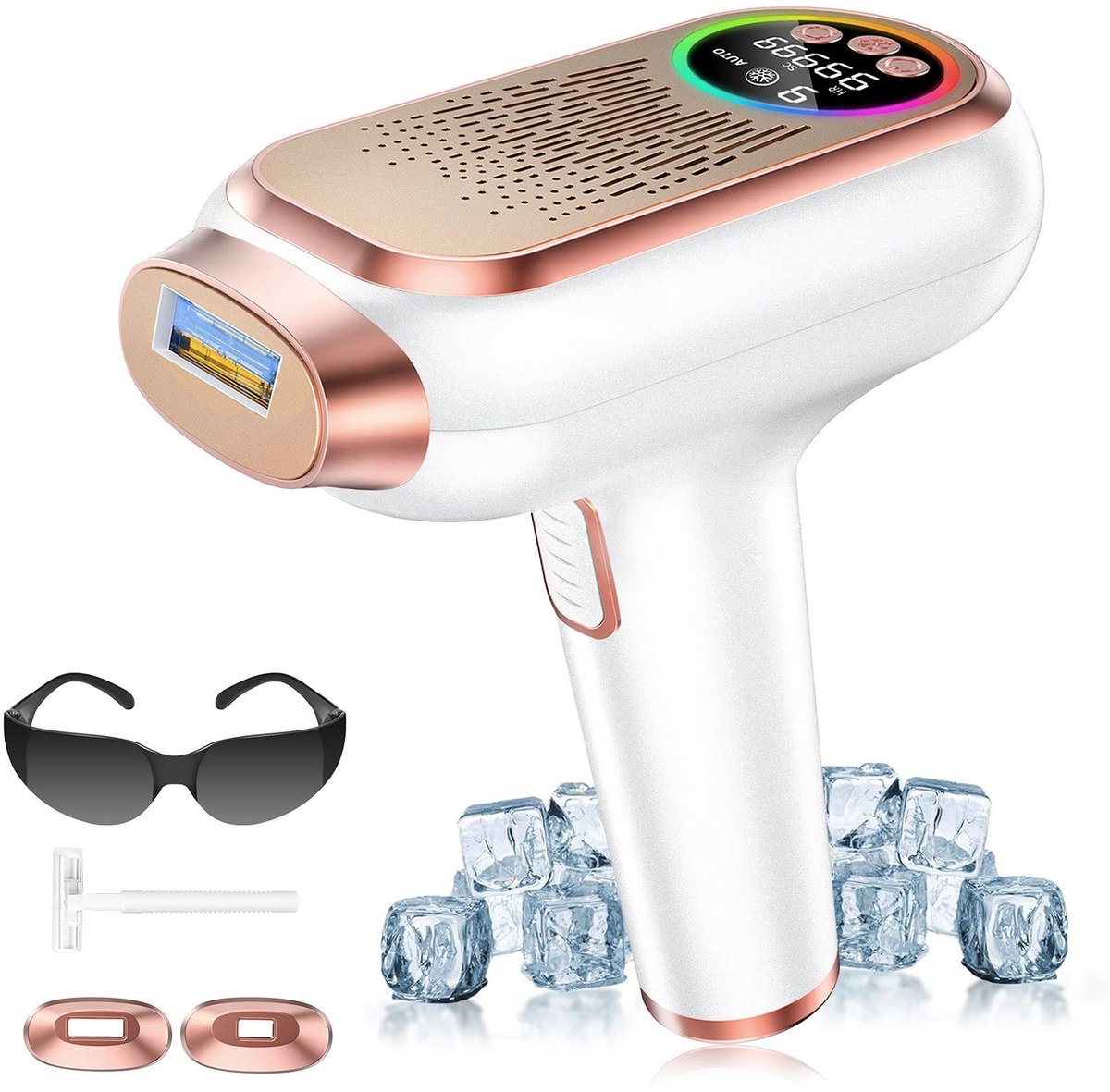 RAYOFI IPL Laser Ontharingsapparaat met Ice-coolfunctie - 9 Verschillende Standen - Beschermbril –Permanente Haartjes Verwijdering, Gezicht Verjonging & Pigmentvlekken Behandeling - Laser Ontharingsapparaat - 2 jaar garantie - Wit
