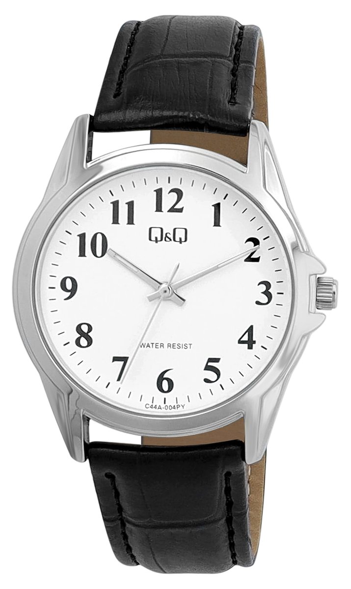 QQ C44A-004PY - Horloge - Polshorloge - Analoog - Heren - Mannen - Leren band - Rond - Metaal - Cijfers - Zwart - Zilverkleurig - Wit