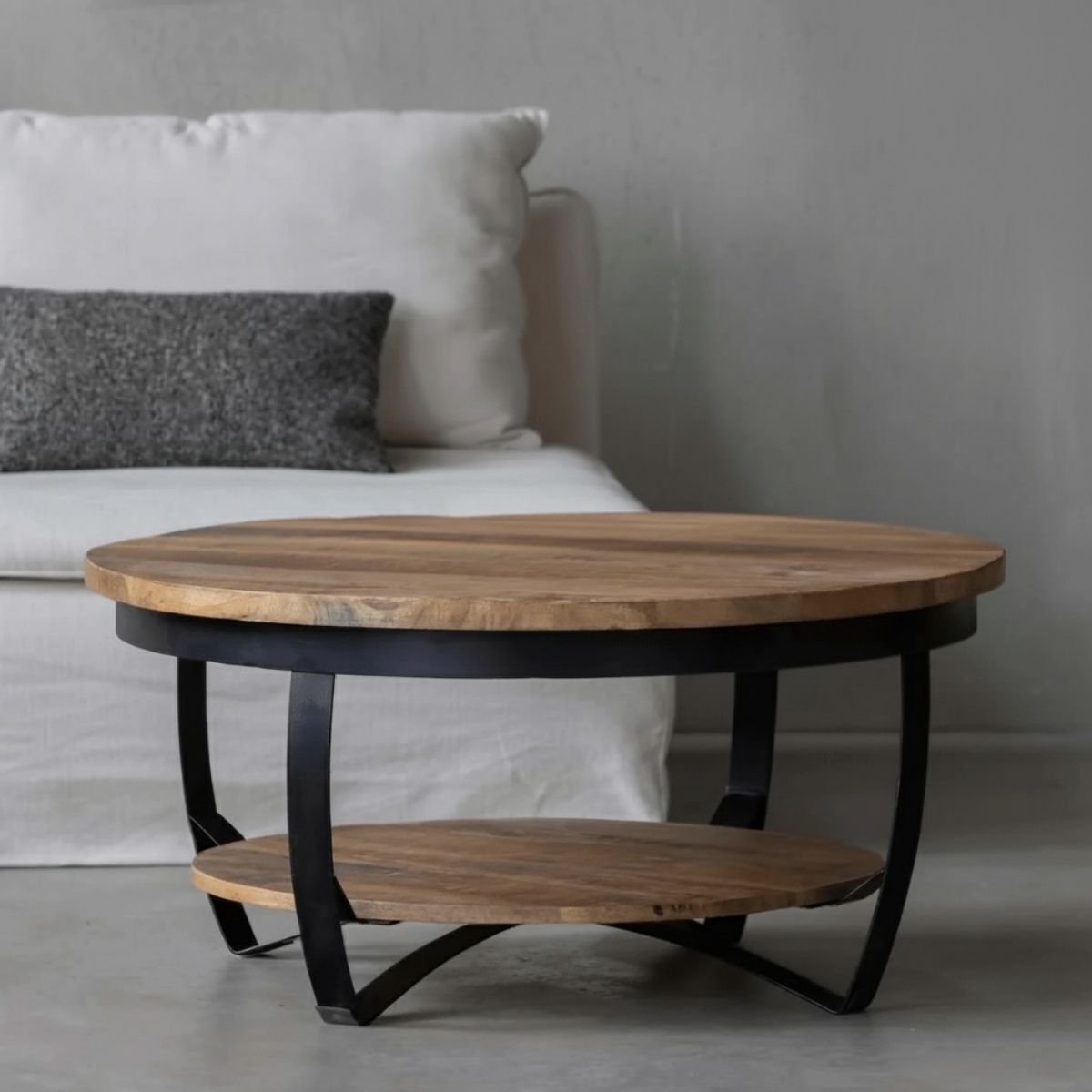 Mangohouten Salontafel Bakersfield 90 cm Mahom Industrieel - Kleine tafel van Mangohout & Metaal - Industriële Huiskamertafel