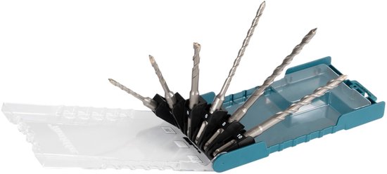Set van 6 metalen SDS-Plus betonboren, maten 5-10 mm, in een teal en transparante kunststof koffer.