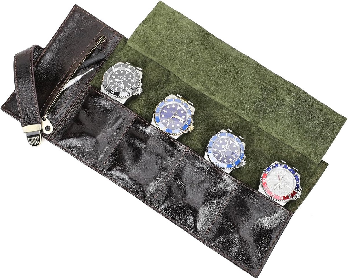 Leren Horlogerol met 6 Vakken voor Heren - Draagbare Reisorganizer