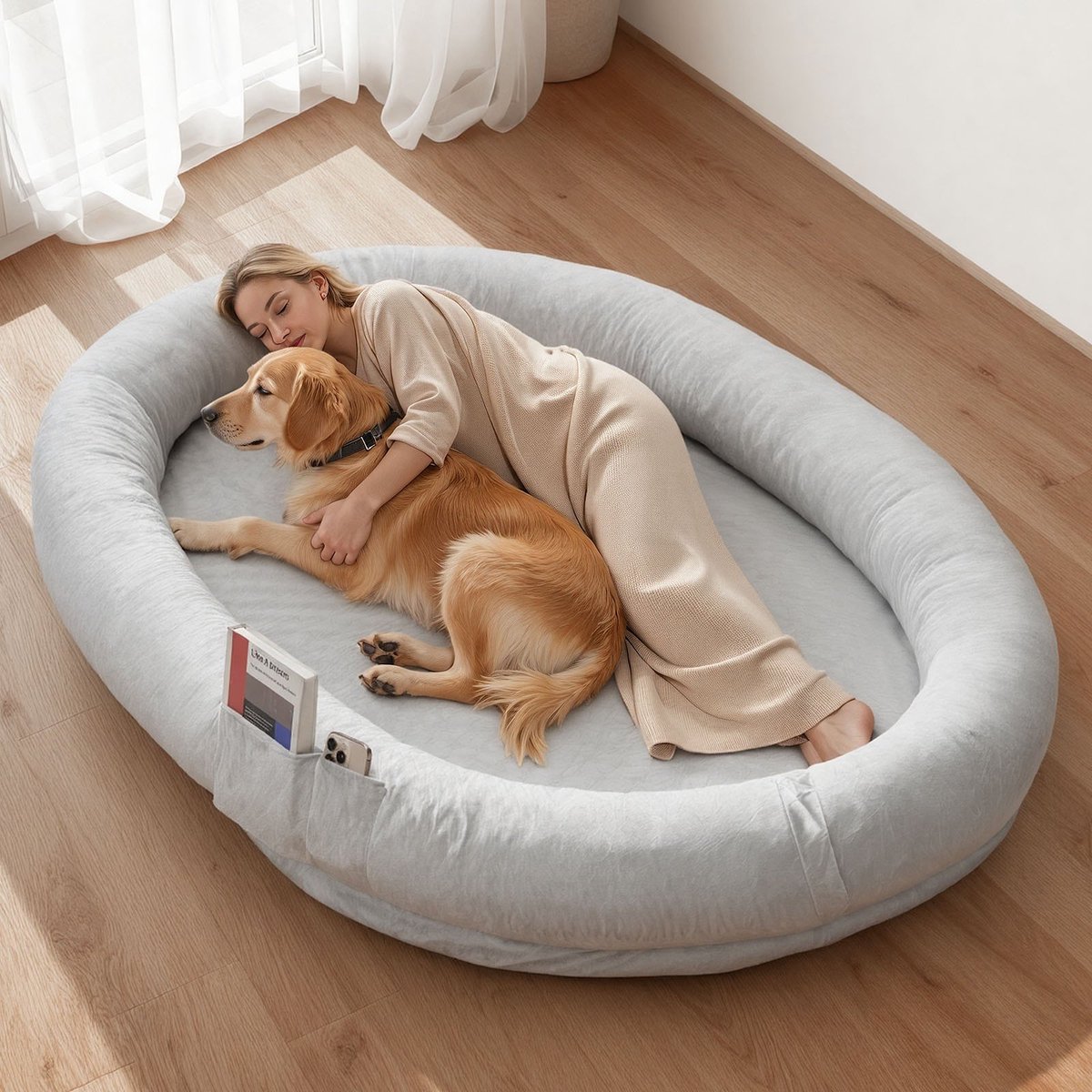 Hondenbed voor mens en hond - Hondenmand op mensenformaat - 178x120x24 cm - Traagschuim - Afneembare machinewasbare hoes - Zijvak en handvat - Kortpolig - Grijs