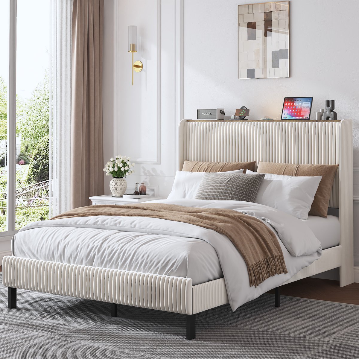 FloraGrace Gestoffeerd Bed 140x200cm – Klassiek Kanaal Hoofdbord Met Vleugelzijden – Stil En Antislip Lattenbodem – Zonder Opbergruimte – Corduroy – Beige Crème – Zonder matras