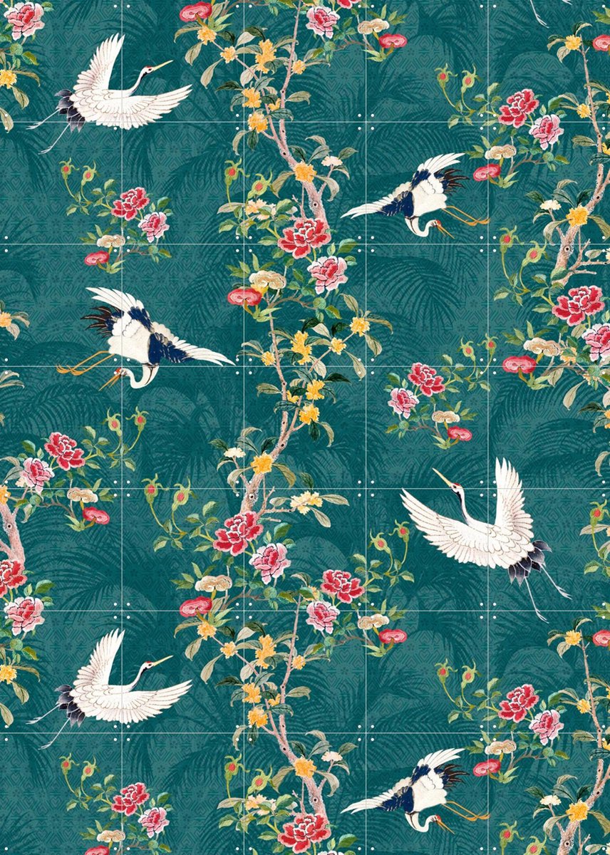 IXXI Chinoiserie Cranebirds, Bloomery Decor - 100 x 140 cm - Gratis ophangtool - Grote wanddecoratie en posters - Illustraties, Ornamenteel Ontwerp
