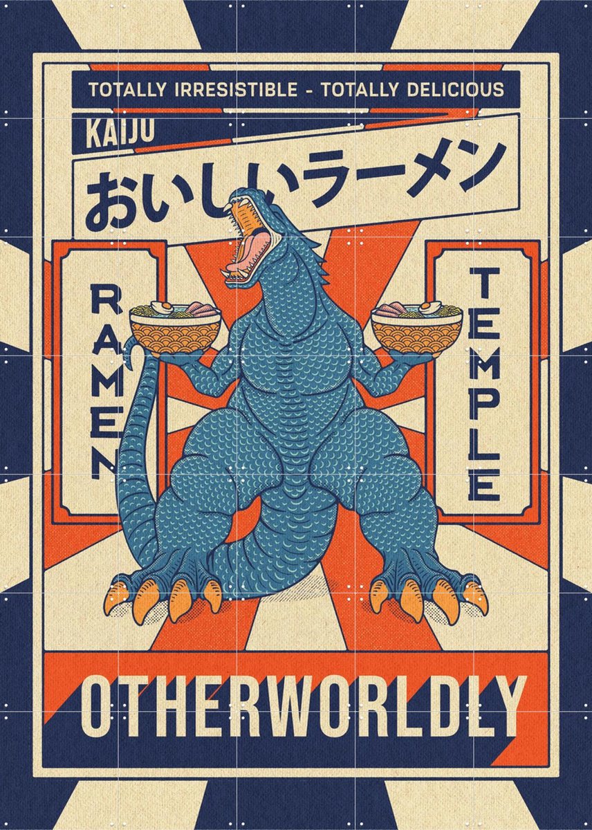 IXXI Ramen Temple Godzilla, Ryan Ragnini - 100 x 140 cm - Gratis ophangtool - Grote wanddecoratie en posters - Grafisch Ontwerp, Kleurrijk
