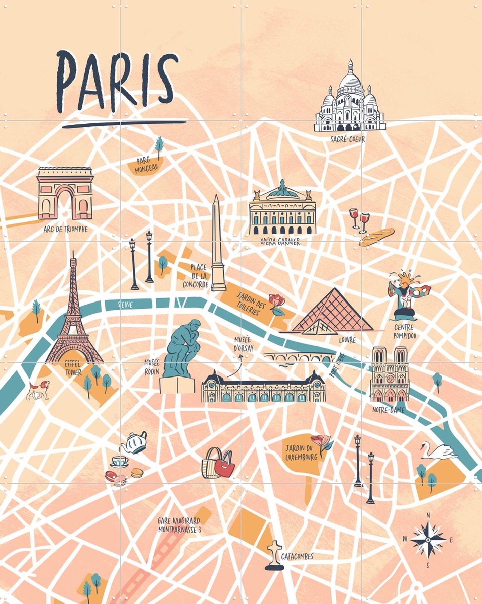 IXXI Paris Illustration, Revista Ontwerp & Kunst in Kaart - 80 x 100 cm - Gratis ophangtool - Grote wanddecoratie en posters - Digitale Kunst