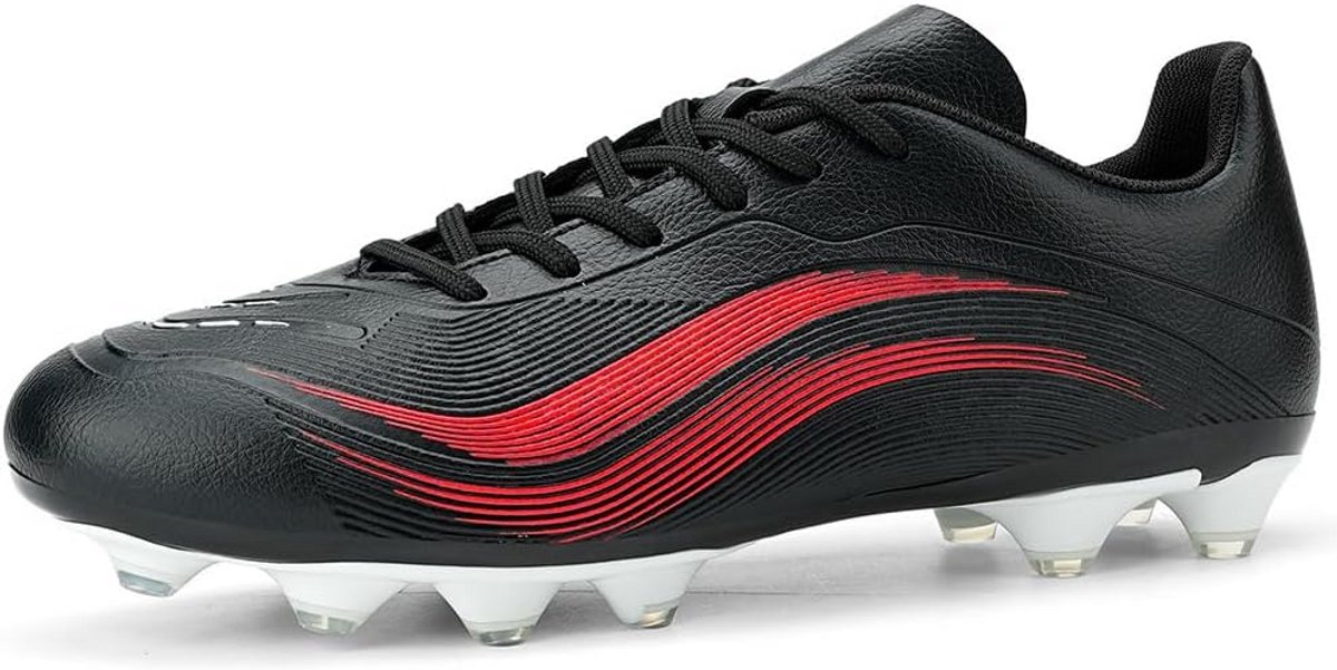 Professionele voetbalschoenen voor heren en jongens, zwart met rode accenten, geschikt voor kunstgras en training.