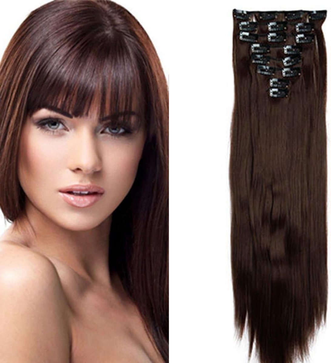 Clip-in Haarverlenging 8 Tressen Steil Middenbruin Duurzaam Verzorgd Haar 58cm 140g