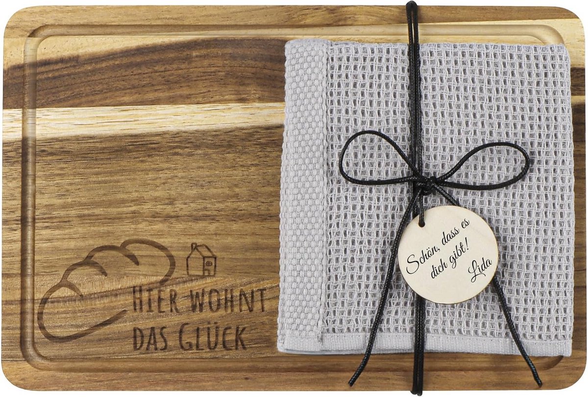 Acaciahouten Snijplank Cadeauset met Keukentextiel en Hanger voor Housewarming