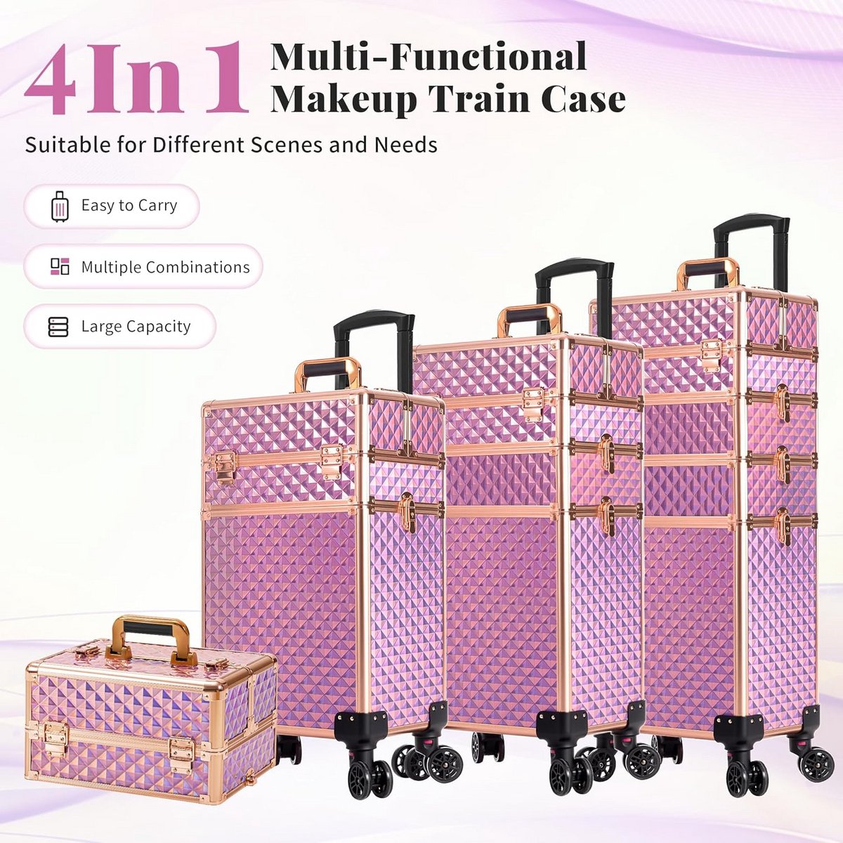 Professionele Make-up Trolley Koffer 4-in-1 met Draaibare Wielen en Grote Opslag
