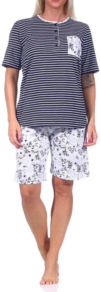 Normann Dames pyjama shorty met korte mouwen, gestreepte top, korte broek met bloemenpatroon marine