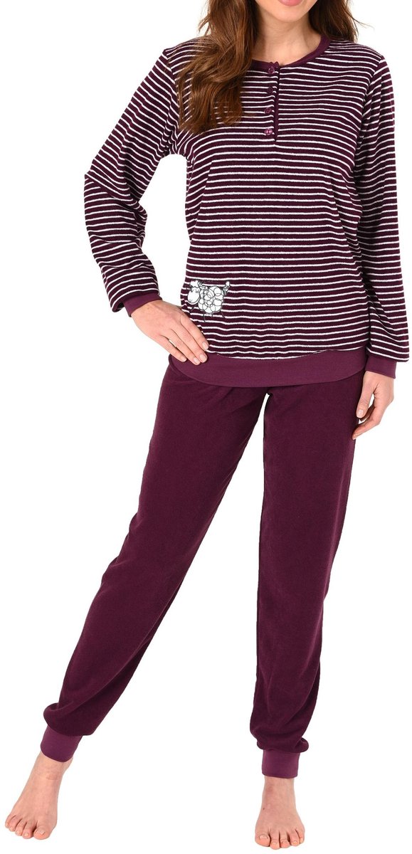 Normann Dames badstof pyjama met lange mouwen, mouwboorden en schattige applicatie - 20 201 13 112 beere