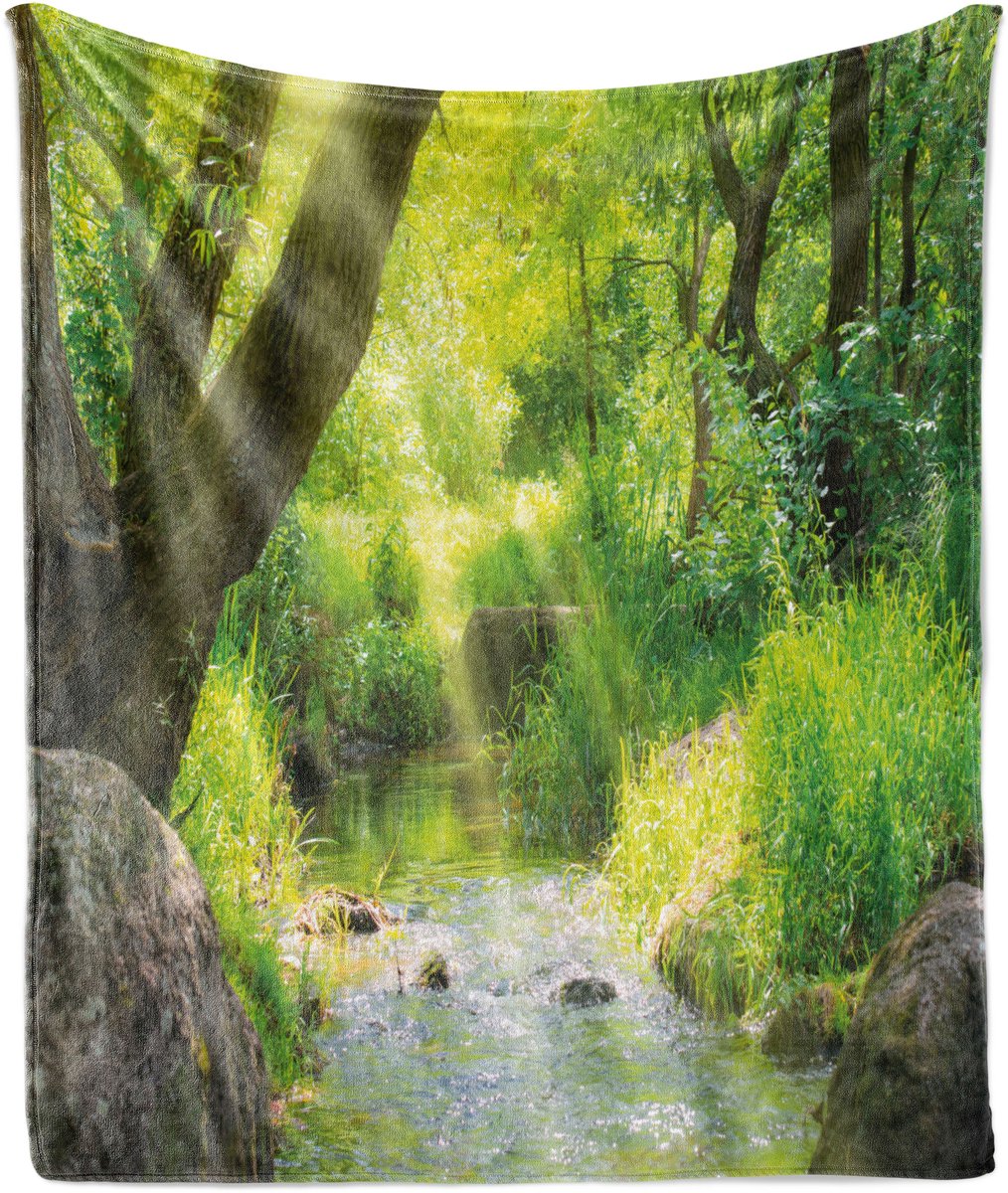 ABAKUHAUS Forest Zachte Flanellen Fleece Deken, Stream Cascade Tropisch, Gezellige Pluche Plaid, 175 x 230 cm, Bruin Limegroen