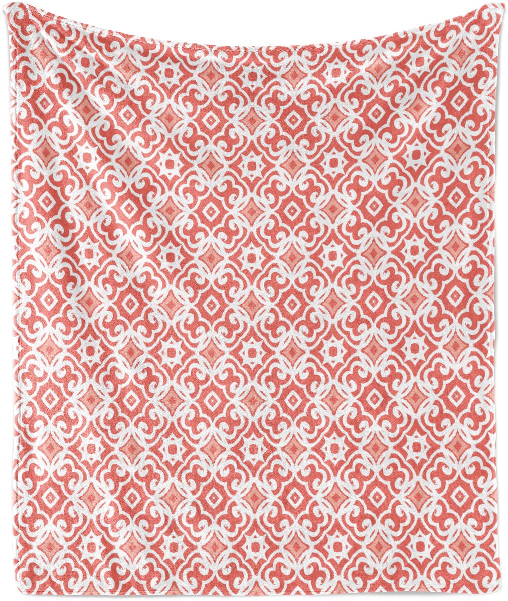 ABAKUHAUS Koraalzachte flanellen fleece deken, vintage art deco patroon, knusse pluche plaid, 175 x 230 cm, Koraal licht koraal wit