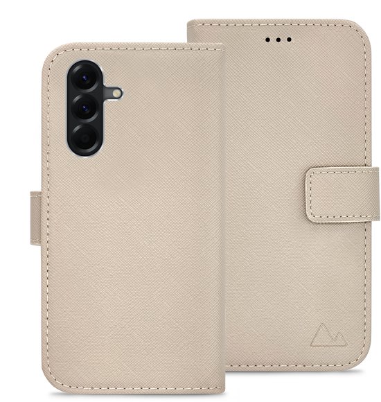 Étui portefeuille beige clair, ouvert, avec pochettes pour cartes et découpe pour appareil photo.
