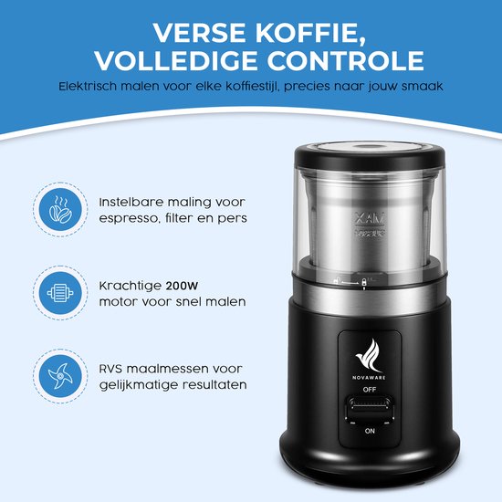 Zwarte elektrische koffiemolen met glanzend zilverkleurig maalgedeelte en doorzichtige deksel. Iconen tonen instelbare maling voor espresso, filter en pers; 200W motor; RVS messen.