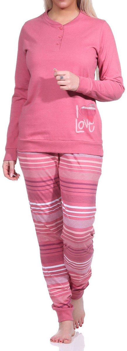 Normann Elegante damespyjama met manchetten en gestreepte broek + hartjesmotief - ook in overmaten altrose