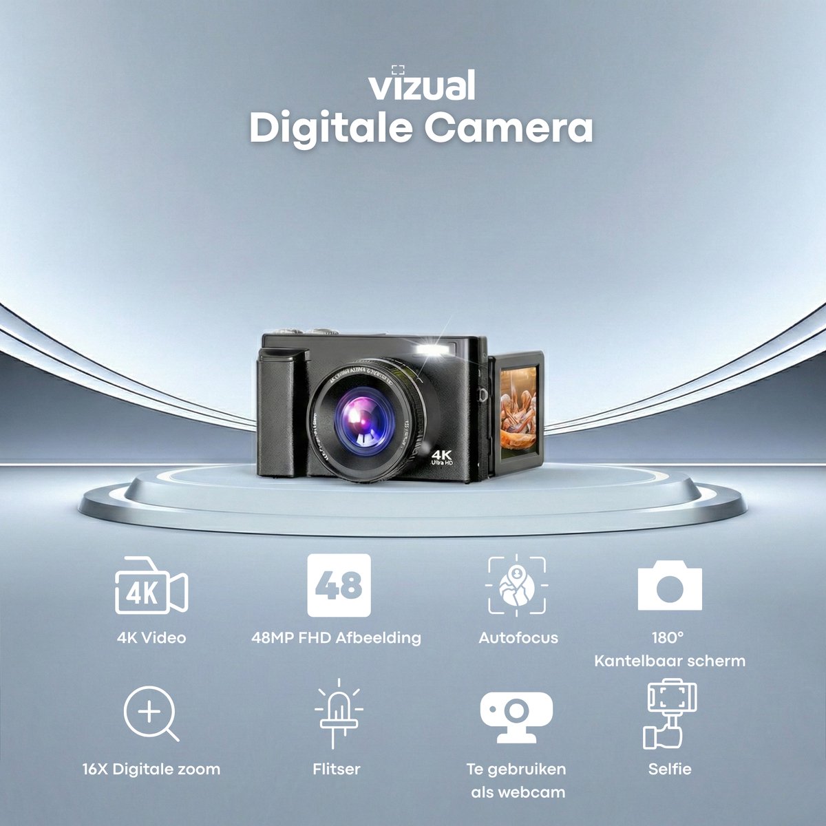 Vizual 48MP 4K Camera - draaibaar scherm, 2 batterijen en 32GB kaart thumbnail 3
