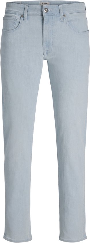 Lichtblauwe jeans met normale pasvorm, steekzakken voor en een knoop- en ritssluiting.