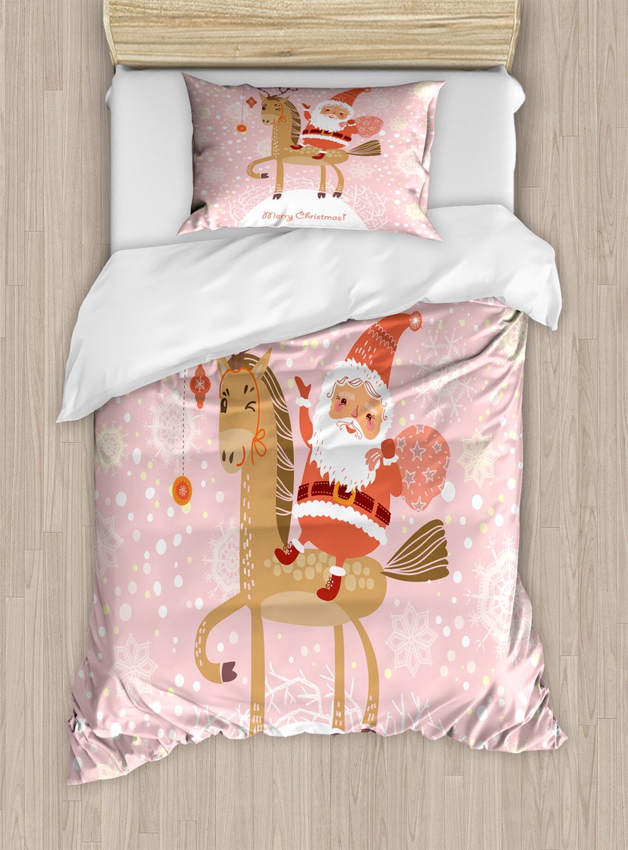 ABAKUHAUS Kerstdekbedovertrekset voor eenpersoonsbedden, Sint rijdend op een rendier, inclusief kussensloop, 130 x 200 cm