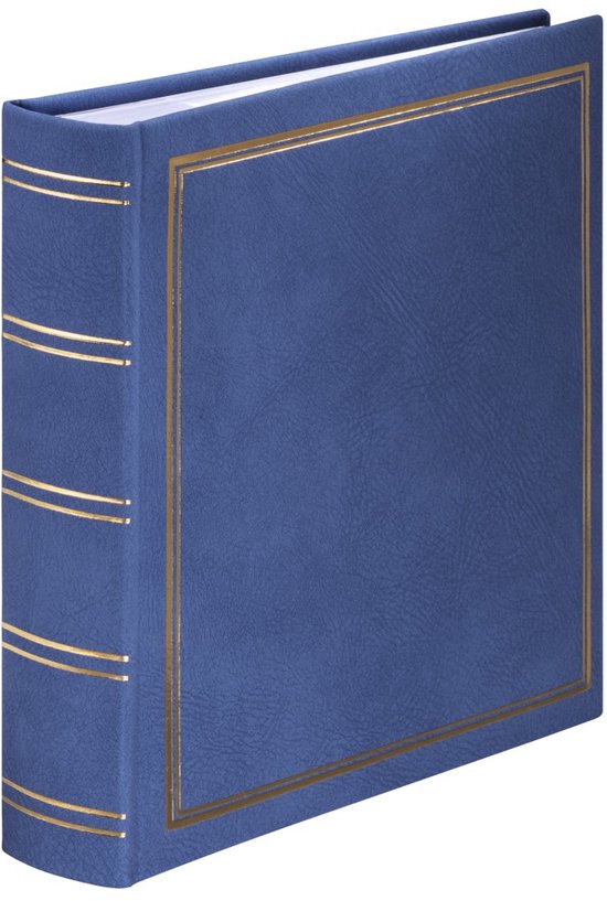 Blauw album met gouden randen en strepen op de rug.