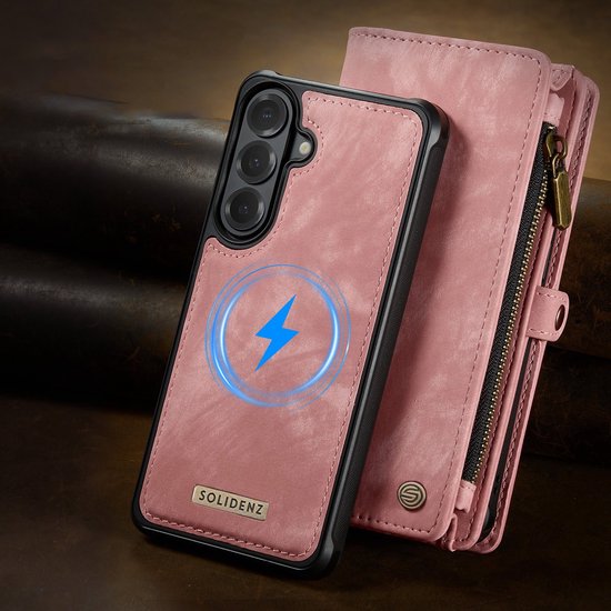 Roze portemonnee telefoonhoesje met MagSafe compatibele achterkant, met een ritsvak aan de zijkant.