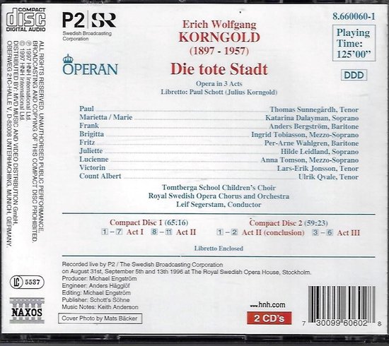CD-hoes met tekst "Die tote Stadt" en een lijst van artiesten, met streepjescode.
