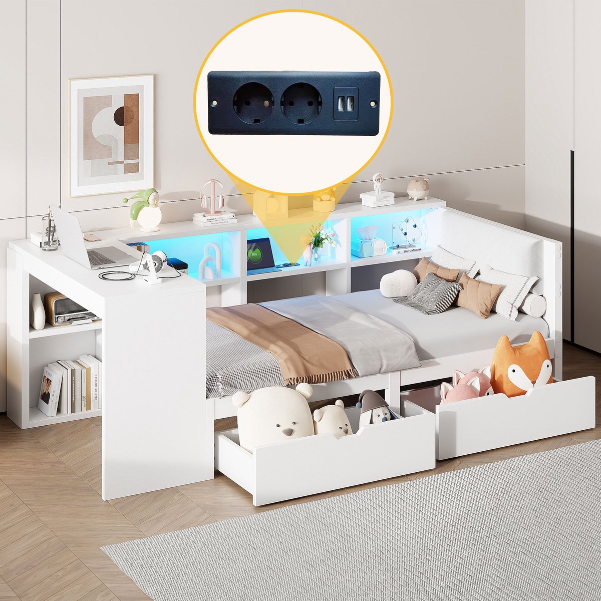 MODFU Luxe Kajuitbed (90x200) - Multifunctioneel Tienerbed met 2 Lades, Boekenkast, Stopcontacten, USB & LED - Wit