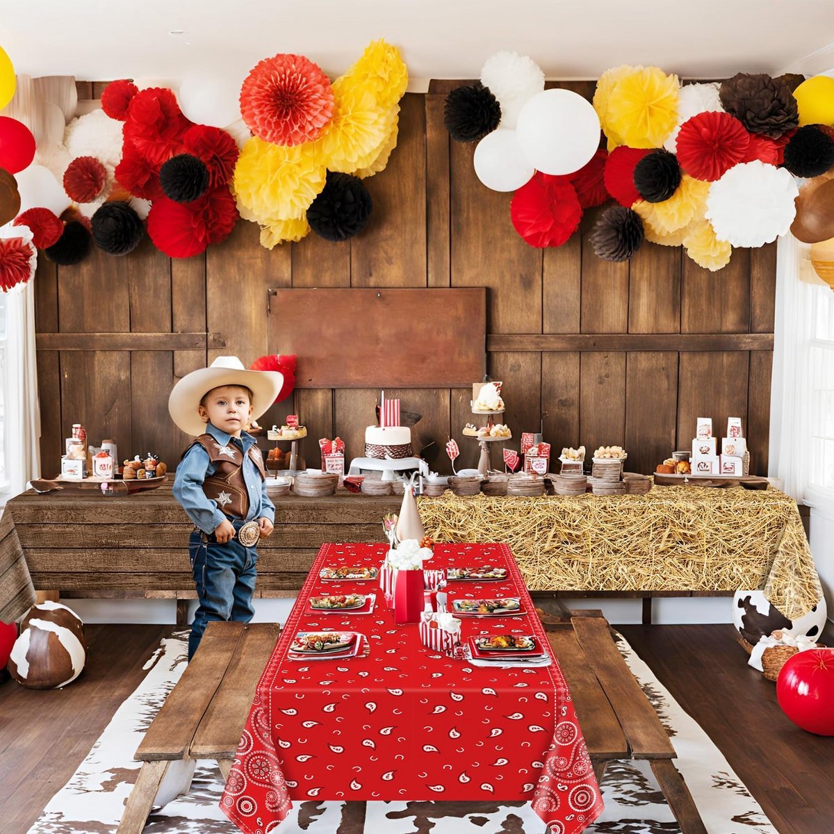 4x Tafelkleden Western Thema Houtnerf Stro Cowboy Feestdecoratie 51x86 cm