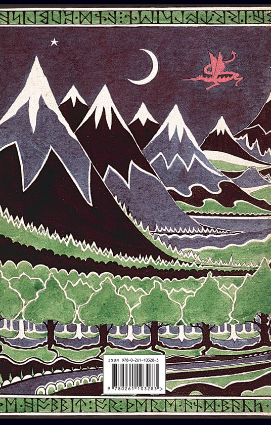 Couverture de livre avec des montagnes, des arbres, une lune, une étoile et un dragon rouge dans le ciel.