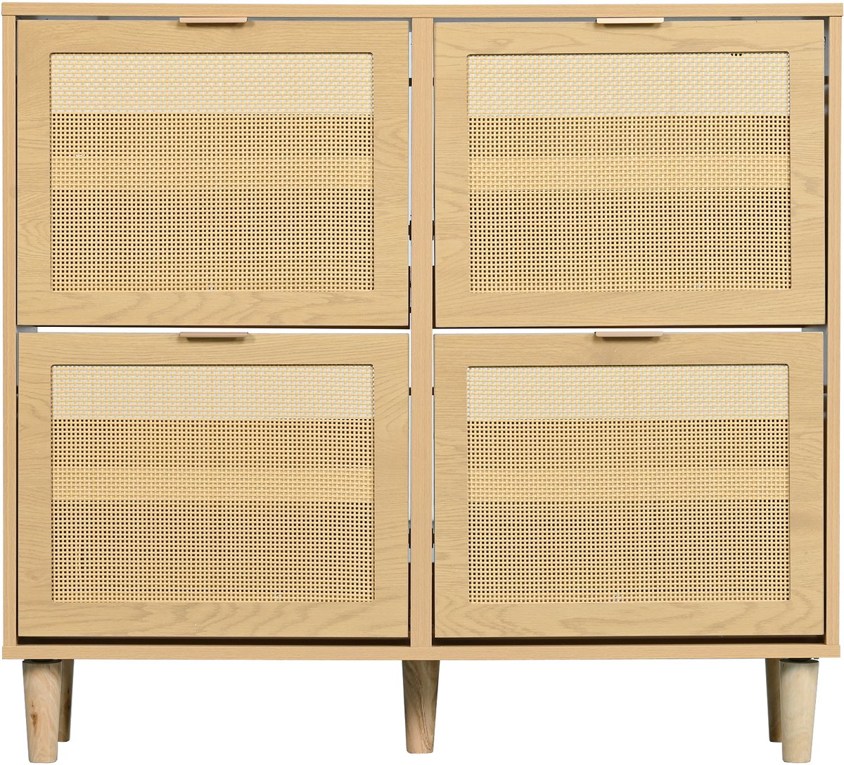 Schoenenkast 100 cm - Met 4 Opklapbare Rotan Lades - Eiken Kleur & Landelijke Stijl - Geventileerd & Ruimtebesparend